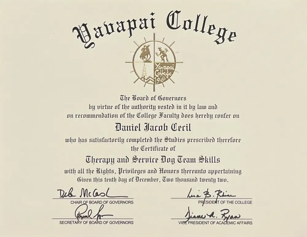 Certificate for Therapy Service Dog Team Skills